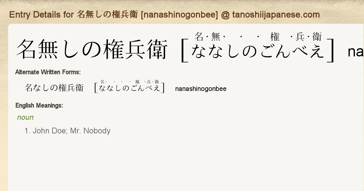 Entry Details For 名無しの権兵衛 Nanashinogonbee Tanoshii Japanese Entry Details For 名無しの権兵衛 Nanashinogonbee Tanoshii Japanese