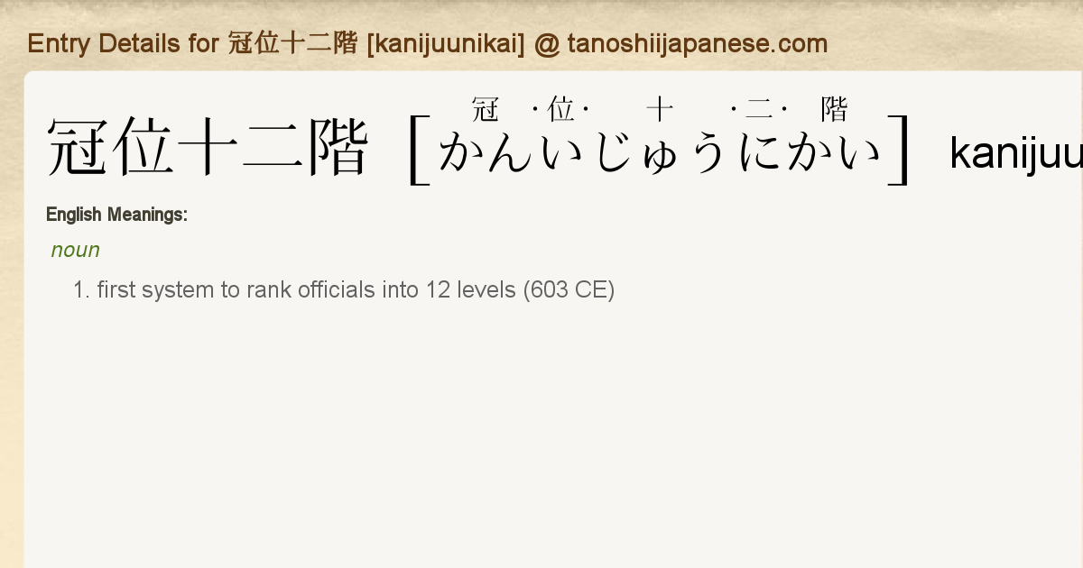 Entry Details For 冠位十二階 Kanijuunikai Tanoshii Japanese
