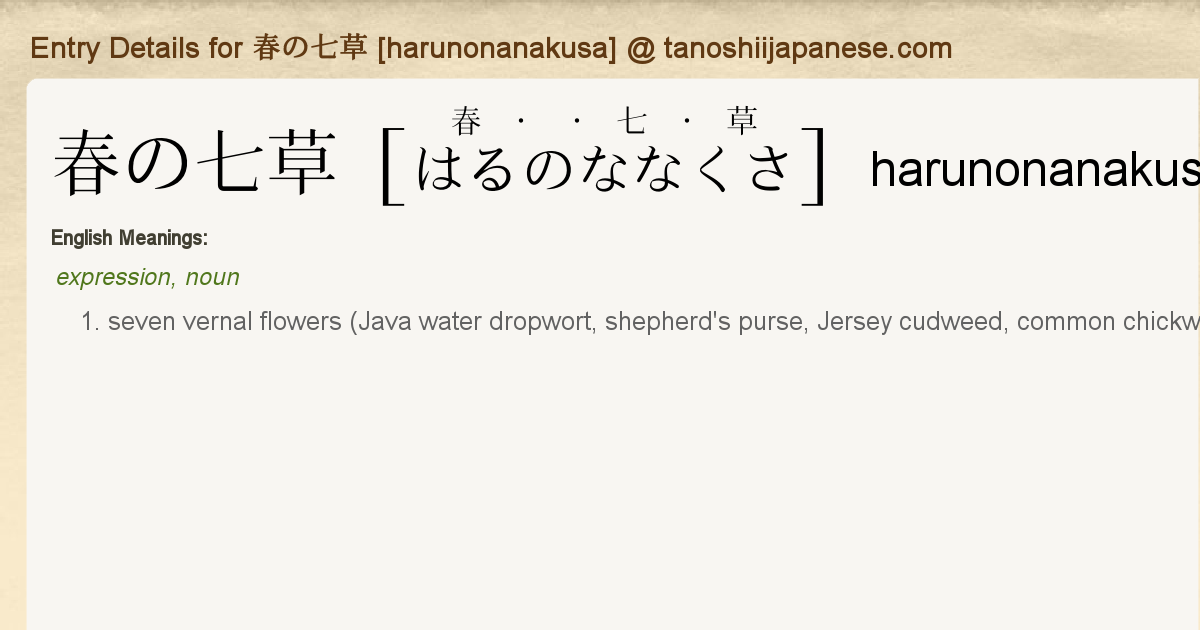 Entry Details For 春の七草 Harunonanakusa Tanoshii Japanese