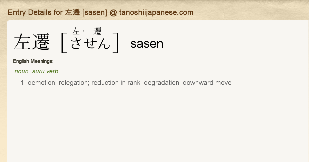 Entry Details For 左遷 Sasen Tanoshii Japanese