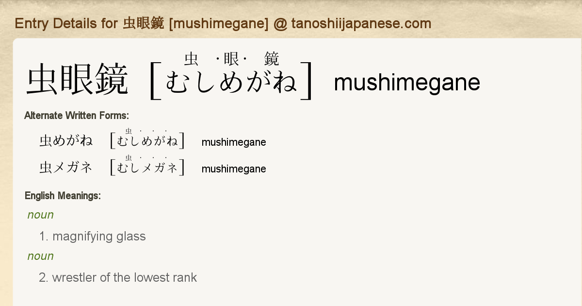 Entry Details For 虫眼鏡 Mushimegane Tanoshii Japanese