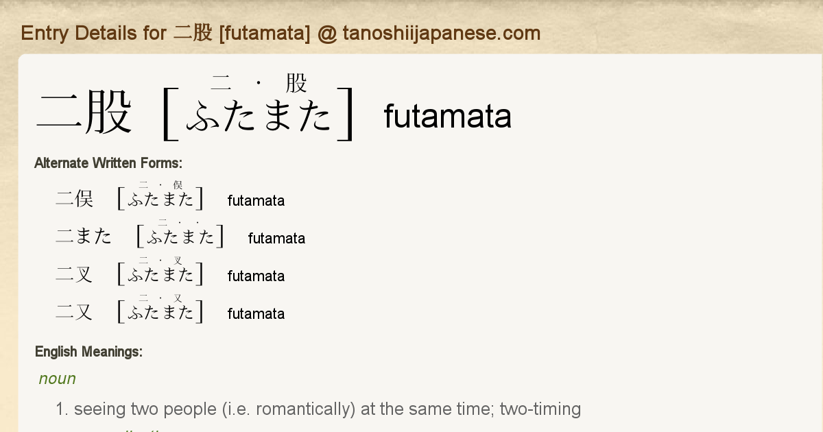 Entry Details For 二股 Futamata Tanoshii Japanese Entry Details For 二股 Futamata Tanoshii Japanese