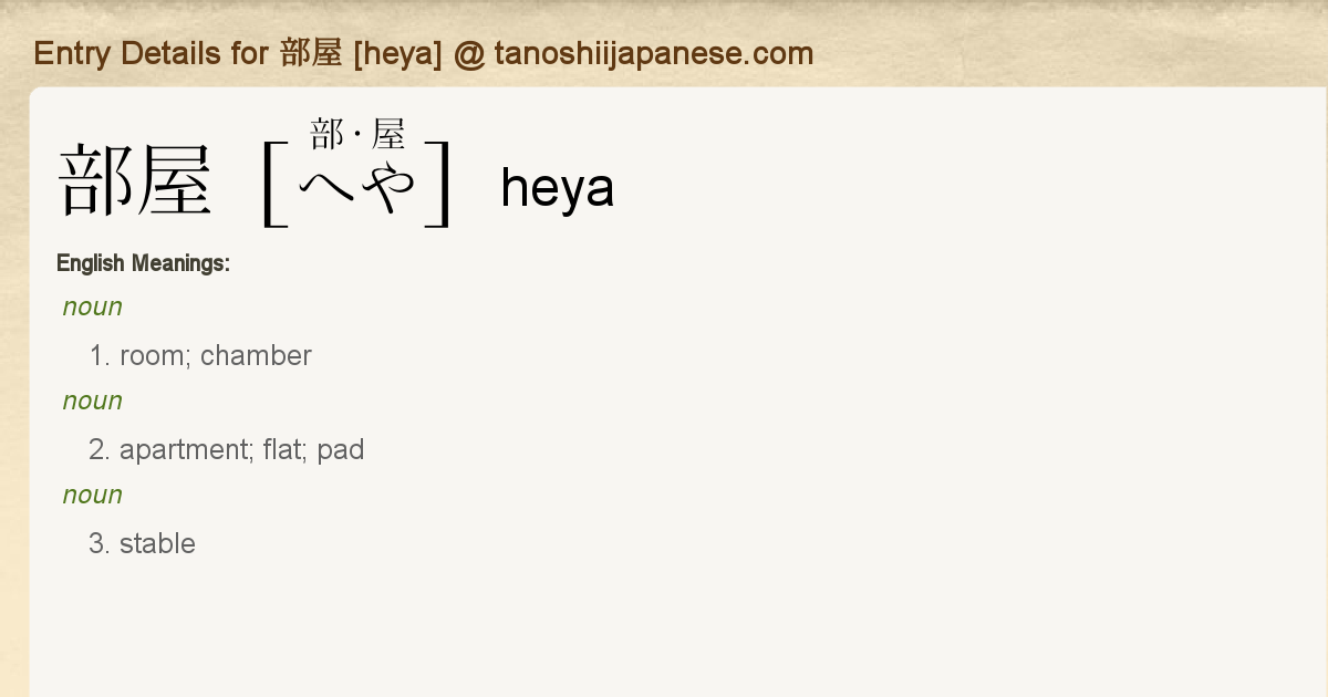 Entry Details For 部屋 Heya Tanoshii Japanese