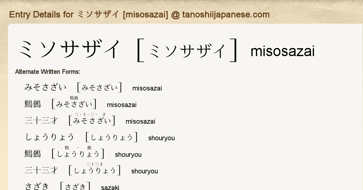 Entry Details For ミソサザイ Misosazai Tanoshii Japanese