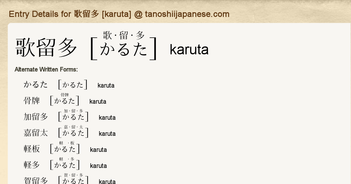 Entry Details For 歌留多 Karuta Tanoshii Japanese