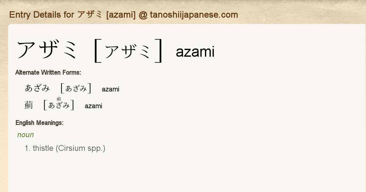 Entry Details For アザミ Azami Tanoshii Japanese