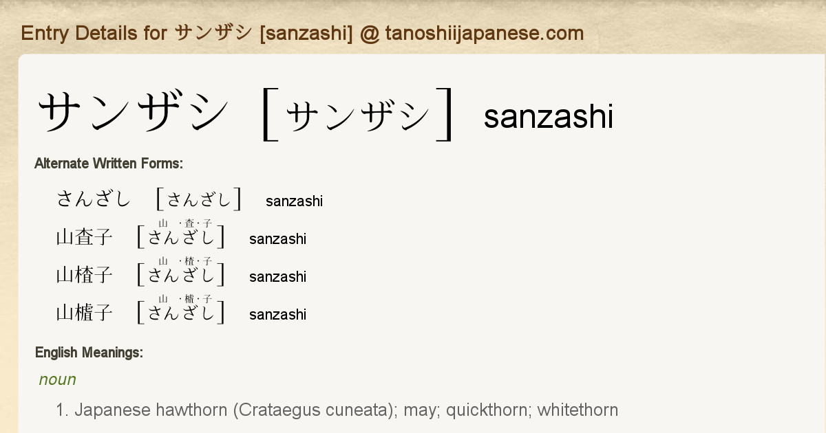 Entry Details For サンザシ Sanzashi Tanoshii Japanese