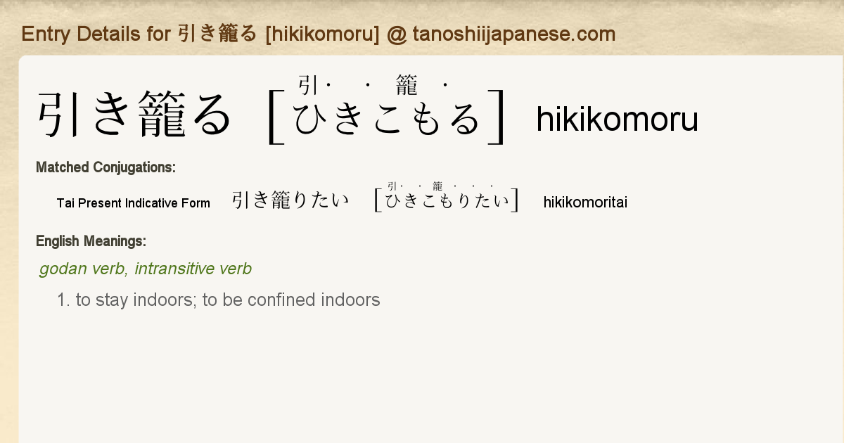 Entry Details For 引き籠りたい Hikikomoritai Tanoshii Japanese Entry Details For 引き籠りたい Hikikomoritai Tanoshii Japanese