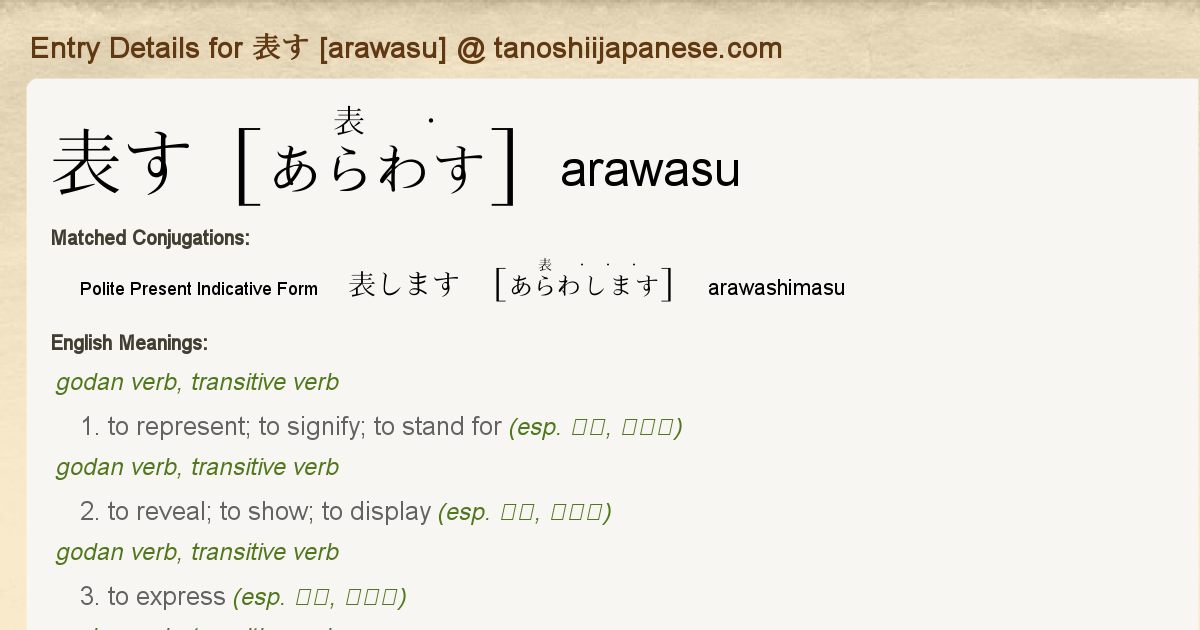 Entry Details For 表します Arawashimasu Tanoshii Japanese Entry Details For 表します Arawashimasu Tanoshii Japanese