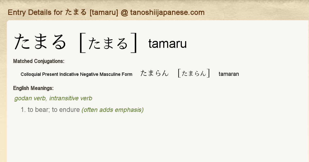 Entry Details For たまらん Tamaran Tanoshii Japanese