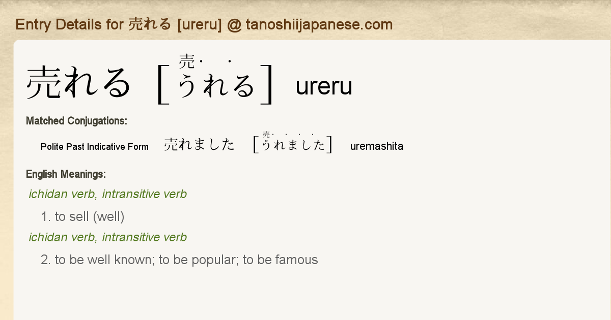 Entry Details for 売れました [uremashita] - Tanoshii Japanese